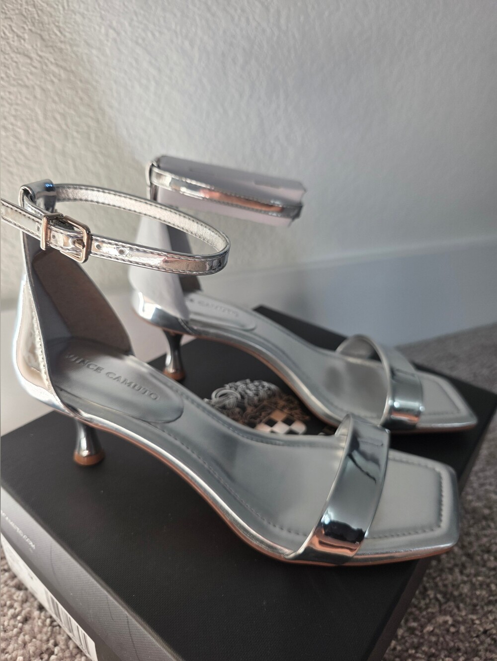 Vince Camuto Vinkely Square Toe Kitten Heel Sandal Silver